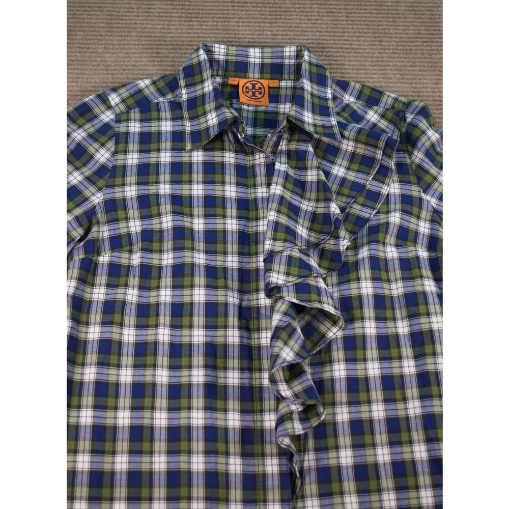 Tory Burch Blue Green Tartan Plaid Ruffle Front Button Down Blouse Small EUC
